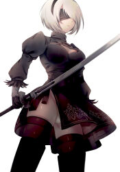 1girl 2b_(nier:automata) bananaxcs7 black_blindfold black_thighhighs blindfold boots breasts covered_eyes dress gloves highleg highleg_leotard highres holding holding_weapon juliet_sleeves katana leotard long_sleeves medium_breasts mole mole_under_mouth nier:automata nier_(series) pale_skin patterned_clothing puffy_sleeves revision shiny_skin short_hair simple_background sketch solo sword thigh_boots thighhighs thighs weapon white_background white_hair