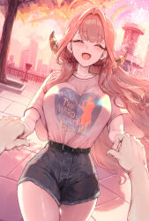 1boy 1girl ^_^ absurdres alternate_costume aru_(blue_archive) belt blue_archive blush breasts casual closed_eyes demon_horns denim denim_shorts floating_hair fountain halo hetero highres holding_hands horns large_breasts long_hair outdoors pink_hair pov pov_hands shirt shirt_tucked_in short_sleeves shorts smile sunnysideup thighs very_long_hair white_shirt