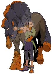 Rule 34 | 1boy, absurdres, bakushi (smys2017), boots, clothes around waist, commentary request, cross-body stretch, dark-skinned male, dark skin, full body, gen 7 pokemon, green shirt, grey hair, highres, horse, jacket, jacket around waist, male focus, mudsdale, nintendo, pokemon, pokemon (creature), shirt, short hair, simple background, solo, standing, stretching, white background