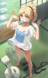 1girl barefoot blonde_hair breasts collarbone electric_fan fanning_self fate/apocrypha fate_(series) food green_eyes highres long_hair looking_at_viewer mordred_(fate) mordred_(fate/apocrypha) mouth_hold parted_bangs ponytail popsicle shirt short_sleeves sidelocks small_breasts solo tonee white_shirt