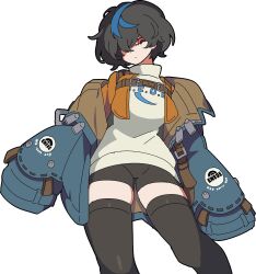 1girl bike_shorts black_hair black_shorts black_thighhighs blue_jacket closed_mouth cropped_jacket guilty_gear guilty_gear_strive guilty_gear_strive:_dual_rulers hair_over_one_eye highres jacket kekeken looking_at_viewer orange_jacket red_eyes short_hair shorts simple_background skindentation solo sweater thighhighs unika_(guilty_gear) white_background white_sweater