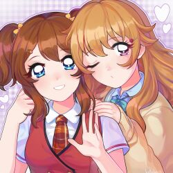 2girls blue_eyes blue_shirt bow bulkobon buttons cardigan collared_shirt double-breasted double-parted_bangs gingham_background grin hair_bow hair_ornament hairpin hands_on_another&#039;s_shoulders heart highres konoe_haruka konoe_kanata long_hair long_sleeves love_live! love_live!_nijigasaki_high_school_idol_club multiple_girls neck_ribbon necktie nijigasaki_school_uniform one_eye_closed plaid_clothes plaid_necktie purple_background purple_eyes ribbon school_uniform shirt short_sleeves siblings sidelocks sisters smile twintails upper_body vest waving wavy_hair white_shirt yellow_cardigan