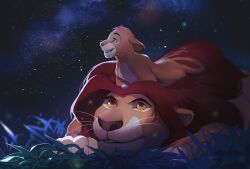 animal_focus blurry colored_sclera commentary depth_of_field english_commentary father_and_son grass grin highres lion looking_at_another looking_up mufasa night night_sky no_humans outdoors red_eyes simba sky smile star_(sky) the_lion_king tobu_(bilibil) whiskers yellow_sclera