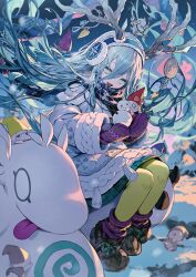 1girl :d antler_ornament antlers antlers_through_headwear bird blue_hairband blue_scarf breath brown_shoes bukurote cable_knit creature dress earmuffs fate/grand_order fate_(series) floating_clothes floating_hair full_body fur-trimmed_hairband fur_trim game_cg green_pantyhose hair_between_eyes hairband hands_up holding horns long_hair_between_eyes long_sleeves looking_at_viewer loose_socks louhi_(fate) louhi_(second_ascension)_(fate) mittens official_art open_mouth pantyhose pink_pupils purple_mittens purple_socks scarf shoes sitting smile snow snowing snowman socks solo sweater sweater_dress third-party_source tonttu_(fate) winter winter_clothes