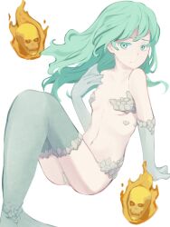 1girl aqua_eyes aqua_hair breasts closed_mouth demon_(megami_tensei) fire flaming_skull floating_hair hashtag-only_commentary highres kota_x_ta long_hair mermaid mermaid_(megami_tensei) monster_girl navel shin_megami_tensei simple_background sitting skull small_breasts solo white_background