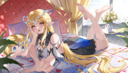 1girl absurdres bare_shoulders barefoot bed black_collar black_dress blonde_hair blue_eyes breasts cartethyia_(wuthering_waves) cleavage collar commentary congyu crown_of_thorns dress feet highres legs long_hair looking_at_viewer lying medium_breasts on_bed on_stomach pillow plant pointy_ears potted_plant red_petals sidelocks smile soles solo tacet_mark_(wuthering_waves) the_pose toes vase very_long_hair window wuthering_waves