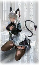 1girl absurdres ahoge alternate_costume apron bags_under_eyes black_bra black_dress black_garter_straps black_horns black_shoes black_tail black_thighhighs bra bra_peek breasts charismaing commentary curled_horns demon_tail dress earrings enmaided garter_straps grey_hair hair_between_eyes highres horns indoors jewelry large_breasts light_blush long_hair long_sleeves looking_at_viewer maid mole mole_under_eye red_eyes screenshot_background shoes solo tail thighhighs thighs torn_clothes torn_dress torn_thighhighs underwear white_apron wuthering_waves zani_(wuthering_waves)