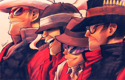 4boys bad_id bad_pixiv_id bullet covered_eyes grin hat heavy_(tf2) helmet helmet_over_eyes kotteri male_focus multiple_boys open_mouth profile red_heavy_(tf2) red_scout_(tf2) red_sniper_(tf2) red_soldier_(tf2) scout_(tf2) signature smile smoke sniper_(tf2) soldier_(tf2) sunglasses team_fortress_2 upper_body