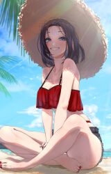 1girl absurdres bare_legs barefoot bikini bikini_under_clothes black_hair blush breasts commission feet forehead grin hat highres indian_style kaiso_(kaisooekaki) legs looking_at_viewer medium_breasts medium_hair nail_polish original outdoors palm_leaf red_bikini sand_on_skin sitting skeb_commission smile solo straw_hat swimsuit toenail_polish toenails toes