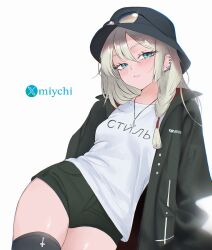 1girl asymmetrical_legwear aviator_sunglasses black_coat black_hat black_shorts blonde_hair blue_eyes braid bucket_hat closed_mouth coat commentary commission cross cross_necklace earrings english_commentary eyewear_on_head hair_between_eyes hat heron_preston highres inverted_cross jewelry long_hair looking_at_viewer miychi multiple_earrings necklace original russian_text shirt shorts side_braid simple_background single_thighhigh solo sunglasses thighhighs white_background white_shirt yume_(shuii)