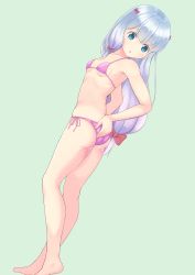 1girl absurdres ass barefoot bikini blue_background blue_eyes bow breasts eromanga_sensei from_side full_body hair_bow hand_on_own_ass highres izumi_sagiri legs long_hair looking_back low-tied_long_hair pink_bikini ribbon side-tie_bikini_bottom silver_hair simple_background small_breasts solo sonao string_bikini swimsuit thighs