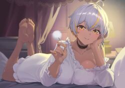 Rule 34 | 1girl, ahoge, artist request, ass, barefoot, black choker, blonde hair, breasts, choker, collarbone, colored inner hair, hand on own cheek, hand on own face, highres, holding, indie virtual youtuber, lamp, lying, mimikaki, multicolored hair, nightgown, on stomach, park dona, pillow, second-party source, short hair, solo, streaked hair, striped nails, white hair, white nightgown, yellow eyes, yellow nails