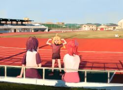 3girls ahoge antenna_hair black_shorts blonde_hair blue_sky cat closed_eyes flexing grey_shirt hair_between_eyes half_updo highres landscape li_shay medium_hair multiple_girls original outdoors people pink_hair pink_shorts red_shoes running_track shadow shirt shoes short_sleeves shorts sitting sky standing