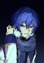 Rule 34 | 0qktb, 1boy, arm up, black shirt, blue eyes, blue hair, blue scarf, coat, double-parted bangs, earmuffs, gradient background, hair between eyes, highres, kaito (vocaloid), looking to the side, male focus, open mouth, scarf, shirt, short hair, sideways glance, sleeve cuffs, smile, solo, teeth, upper body, vocaloid, white coat