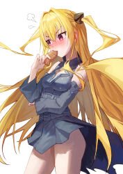1girl absurdres black_dress black_sleeves blonde_hair closed_mouth dress fang food highres holding holding_food konjiki_no_yami long_hair looking_at_viewer red_eyes skin_fang solo taiyaki to_love-ru tomi_(yktm5477) very_long_hair wagashi white_background
