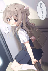 1girl =_hair_ornament absurdres backpack bag bag_charm blue_skirt blue_sweater_vest blush breasts brown_bag brown_hair brown_shoes charm_(object) check_translation commentary_request cowboy_shot from_side grey_eyes hair_ornament hair_ribbon hairclip highres indoors light_particles looking_at_viewer medium_hair open_mouth original pleated_skirt putting_on_footwear ribbon school_bag school_uniform shirt shoe_soles shoes short_sleeves skirt small_breasts socks solo speech_bubble standing standing_on_one_leg sweater_vest takepoison translation_request two_side_up white_ribbon white_shirt white_socks