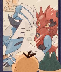 absurdres closed_mouth dedenne furfrou furfrou_(la_reine) gen_1_pokemon gen_2_pokemon gen_4_pokemon gen_6_pokemon highres looking_up munchlax nintendo no_humans pokemon pokemon_(creature) psyduck red_eyes scizor smile twitter_username window wings yellow_eyes zozozoshion
