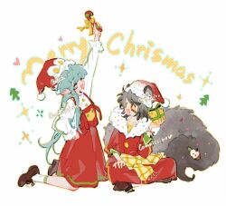 2girls animal bad_tag blush fur-trimmed gift hat highres holding indian low multiple_girls non-web_source pointy pom raccoon red_hat red_skirt santa shirt skirt