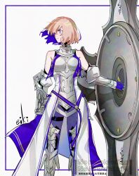 1girl armor armored_boots armored_gloves blue_border boobplate boots border bracer breastplate eiki_(eikityou_55) fate/grand_order fate_(series) faulds gauntlets gorget highres holding holding_shield mash_kyrielight_(paladin) outside_border purple_eyes purple_hair shield short_hair simple_background solo spoilers trinity_metatronius_(fate/grand_order) white_armor white_background