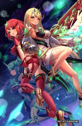 3girls aegis_sword_(xenoblade) armor armored_bodysuit bare_shoulders blonde_hair blush bob_cut breasts chest_jewel cleavage closed_mouth core_crystal_(xenoblade) dress earrings elbow_gloves fingerless_gloves floating_earrings gem gloves green_eyes green_hair hair_ornament headpiece highres jewelry kamaniki large_breasts long_hair microdress multiple_girls mythra_(xenoblade) neon_trim open_mouth pneuma_(xenoblade) ponytail pyra_(xenoblade) red_eyes red_hair red_shorts short_hair shorts smile swept_bangs thighhighs tiara very_long_hair white_dress xenoblade_chronicles_(series) xenoblade_chronicles_2 yellow_eyes