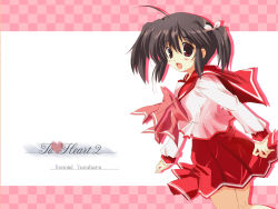 2000s_(style) ;d ahoge black_hair blush bow bowtie character_name flower_hairtie happy happy_birthday_(artist) highres looking_at_viewer looking_back maruchan. medium_hair non-web_source one_eye_closed open_mouth pink_bow pink_petals red_sailor_collar red_skirt sailor_collar school_uniform short_twintails skirt smile tareme to_heart_(series) to_heart_2 twintails yuzuhara_konomi
