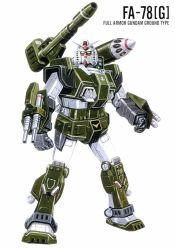 Rule 34 | 1980s (style), arm cannon, beam cannon, character name, dual arm cannons, earth federation, full armor gundam, gundam, gundam msv, highres, looking at viewer, machinery, magazine scan, mecha, mecha focus, missile, missile pod, mobile suit, no humans, official art, oldschool, ookawara kunio, painting (medium), realistic, retro artstyle, robot, roundel, rx-78-2 real type, scan, science fiction, shield, shoulder cannon, traditional media, v-fin, weapon, white background, yellow eyes