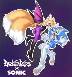 animal_hands blue_eyes bulge claws cosplay english_text felicia_(darkstalkers) furry furry_male green_eyes halloween halloween_costume highres looking_at_viewer morrigan_aensland multiple_tails open_mouth pawpads smile sonic_(series) sonic_the_hedgehog sparkydb tail tails_(sonic) trap two_tails darkstalkers video_game