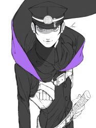 Rule 34 | 1boy, belt, black cape, black hair, black hat, cape, devil summoner: raidou kuzunoha vs the soulless army, devil summoner (series), eyelashes, floating cape, gakuran, grey eyes, hand on hilt, hat, highres, holding, holding sword, holding weapon, katana, kuzunoha raidou, long sleeves, looking at viewer, male focus, peaked cap, purple cape, s ir s, school uniform, sheath, sheathed, short hair, sideburns, smile, solo, sword, two-sided cape, two-sided fabric, upper body, weapon, white belt
