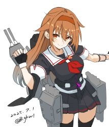 Rule 34 | 1girl, absurdres, adapted turret, ahoge, autocannon, bigkwl, black serafuku, black thighhighs, blush, breasts, brown eyes, brown hair, cannon, fingerless gloves, gloves, hair flaps, hair ornament, hairband, highres, kantai collection, long hair, looking at viewer, machinery, mast, medium breasts, neckerchief, red hairband, ribbon, rigging, school uniform, serafuku, ship turret, shiratsuyu (kancolle), shiratsuyu kai ni (kancolle), skirt, smile, smokestack, thighhighs, torpedo launcher, torpedo tubes, whistle, whistle around neck