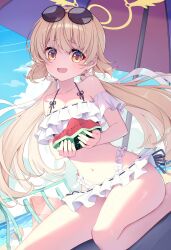 absurdres ajeu914 beach_umbrella bikini blue_archive eyewear_on_head food frilled_bikini frills fruit hair_ornament halo hifumi_(blue_archive) hifumi_(swimsuit)_(blue_archive) highres holding holding_food holding_fruit light_brown_hair loli long_hair low_twintails off-shoulder_bikini off_shoulder official_alternate_costume ribbon-trimmed_bikini ribbon-trimmed_swimsuit ribbon_trim round_eyewear seiza side-tie_bikini_bottom sitting sunglasses swimsuit twintails umbrella watermelon white_bikini wing_hair_ornament winged_halo yellow_halo