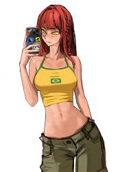 1girl absurdres blooregard_q_kazoo braid brazilian_flag brazilian_flag_print camisole cellphone chainsaw_man commentary english_commentary flag_print foster&#039;s_home_for_imaginary_friends green_pants highres long_hair makima_(chainsaw_man) navel pants phone pochita_(chainsaw_man) red_hair ringed_eyes selfie simple_background smartphone solo tefi_blum white_background yellow_camisole yellow_eyes
