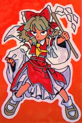 1girl absurdres ascot blue_eyes bow brown_hair brown_shoes chromatic_aberration closed_mouth commentary_request detached_sleeves frilled_hair_tubes frills full_body gohei hair_bow hair_intakes hair_tubes hakurei_reimu highres holding holding_gohei inuyama_konan mary_janes medium_hair outline red_background red_bow red_skirt red_vest sanpaku shirt shoes skirt sleeveless sleeveless_shirt socks solo touhou vest white_outline white_shirt white_sleeves white_socks wide_sleeves yellow_ascot