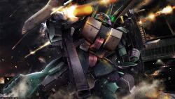 absurdres aeug battle bazooka_(gundam) clenched_hand company_name copyright_notice debris dijeh dust_cloud firing gundam gundam_battle_operation_2 gundam_u.c._engage highres holding holding_weapon lens_flare machinery mecha mecha_focus missile missile_pod mobile_suit no_humans official_art one-eyed painting_(medium) pink_eyes radio_antenna realistic robot scan science_fiction shield sunrise_(company) tenjin_hidetaka traditional_media weapon