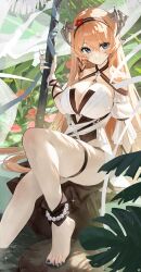 Rule 34 | 1girl, absurdres, ankle wrap, anklet, arknights, bare shoulders, barefoot, bead anklet, beads, black nails, black one-piece swimsuit, blonde hair, blue eyes, breasts, cleavage, closed mouth, commentary request, criss-cross halter, dragon horns, fingernails, forward-facing horns, grey horns, hair between eyes, halterneck, highres, holding, horns, jewelry, large breasts, looking at viewer, nail polish, official alternate costume, on rock, one-piece swimsuit, outdoors, pointy ears, saileach (arknights), saileach (summer flowers) (arknights), sitting, skindentation, smile, songchuan li, sparkle, sparkling aura, swimsuit, thigh strap, toenail polish, toenails, toes, white background