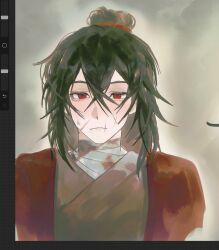 1boy art_program_in_frame bandaged_neck bandages benkebuhui black_hair black_hanfu blood blood_on_clothes blood_on_face blood_on_neck blush bruise bruise_on_face chinese_clothes chinese_commentary closed_mouth coat commentary_request dao_gui_yi_xian hair_between_eyes hair_bun hanfu highres injury li_huowang long_hair looking_at_viewer male_focus red_coat red_eyes scar scar_on_face single_hair_bun solo unfinished upper_body