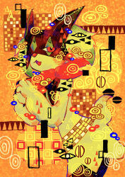 1other abstract abstract_background absurdres animal_hands cat_nose claws cowboy_shot disembodied_eye from_side furry green_fur highres mask meowscarada nintendo open_mouth otonoha_aika pokemon pokemon_(creature) red_eyes slit_pupils solo swirl tail triangle yellow_background yellow_theme