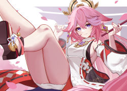 1girl absurdres bare_legs bare_shoulders breasts detached_sleeves feet genshin_impact hair_between_eyes hair_ornament high_heels highres legs long_hair long_sleeves looking_at_viewer mxr pink_hair purple_eyes sideboob smile yae_miko
