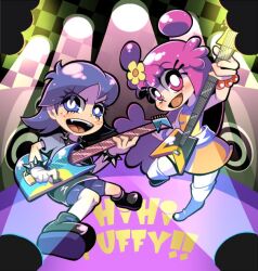 2girls :d ami_onuki bead_bracelet beads bike_shorts black_footwear blue_eyes blue_hair blush bracelet choker copyright_name double_bun electric_guitar eyelashes flower freckles full_body guitar hair_bun hair_flower hair_ornament hi_hi_puffy_amiyumi holding holding_instrument instrument jewelry long_hair multiple_girls music open_mouth pearl_bracelet pink_eyes pink_hair playing_instrument short_hair smile soxy speaker spiked_bracelet spiked_choker spikes stage stage_lights teeth tongue upper_teeth_only white_footwear yumi_yoshimura