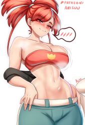 1girl anisdrawn babydoll_t-shirt bandeau belt black_shirt blush breasts cleavage collarbone crop_top cropped_shirt denim flannery_(pokemon) hair_tie highres jeans large_breasts long_hair looking_at_viewer midriff navel nintendo pants pokemon pokemon_oras ponytail red_bandeau red_eyes red_hair shirt smile solo split_ponytail white_belt wide_ponytail