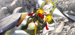 1girl aircraft airship ascot black_gloves blush braid breasts cape closed_eyes clothing_cutout day detached_horns e-grand_marie earrings fate/grand_order fate_(series) feet_out_of_frame fur-trimmed_cape fur_trim game_cg gloves hair_between_eyes hair_ribbon horns huge_horns jewelry large_variant_set long_hair long_horns lying navel official_art olga_marie_animusphere on_back on_ground open_mouth outdoors red_ascot ribbon rock sharp_teeth side_braid solo stomach_cutout storm_border striped_bodysuit takeuchi_takashi teeth third-party_source u-olga_marie variant_set very_long_hair white_hair yellow_horns