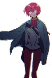 1girl amate_yuzuriha ear_piercing gundam gundam_gquuuuuux highres jacket jacket_on_shoulders looking_at_viewer mecha_pilot_suit normal_suit_(gundam) piercing red_eyes red_hair short_hair simple_background solo twitter_username white_background ykhrotto