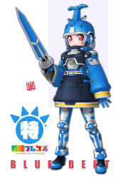 1girl :3 armor blue_beet blue_gloves blush character_name cropped_jacket crossover english_text fake_horns gloves grey_hair helmet highres holding holding_sword holding_weapon horned_helmet horns jacket juukou_b-fighter kanadarai kemono_friends knee_pads long_sleeves metal_hero personification red_eyes simple_background single_horn skirt solo sword tokusatsu weapon white_background