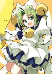 1girl :d ahoge animal_hat apron bell blue_bow blue_dress bow cat_girl cat_hat cat_tail commentary_request creature dejiko di_gi_charat dress fang footwear_bow gema green_eyes green_hair hair_bell hair_bow hair_ornament hat highres holding holding_creature jingle_bell looking_at_viewer mittens neck_bell open_mouth parted_bangs pointing pointing_at_viewer puffy_short_sleeves puffy_sleeves shoes short_hair short_sleeves skin_fang smile solo tail tail_bow tail_ornament toro_(shiro) two_side_up white_apron white_hat white_mittens white_shoes yellow_background