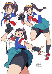 Rule 34 | 1girl, armband, bike shorts under skirt, black socks, blue vest, breasts, brown eyes, brown hair, camera, commentary, eyewear on head, fingerless gloves, freckles, gloves, grin, hibiki ran, highres, holding, holding camera, justice gakuen, kneehighs, miniskirt, open mouth, ponytail, ryuusei (mark ii), school uniform, shiritsu justice gakuen, shoes, signature, skirt, small breasts, smile, sneakers, socks, sunglasses, twitter username, vest