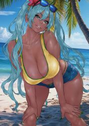 Rule 34 | 1girl, absurdres, b 0 rukia, bare shoulders, beach, brazilian flag, brazilian flag print, brazilian miku, breasts, collarbone, dark-skinned female, dark skin, earrings, female focus, fingernails, flag print, flower, flower on head, green eyes, green nails, hands on own knees, hanging breasts, hatsune miku, highres, hoop earrings, jeans shorts, jewelry, large breasts, lips, long fingernails, long hair, looking at viewer, necklace, ocean, sand, shiny skin, short shorts, shorts, solo, solo focus, sunglasses, sunglasses on head, thick thighs, thighs, thong, twintails, vocaloid, whale tail (clothing)