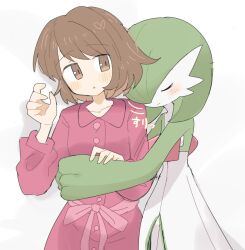 1girl blush bob_cut brown_eyes brown_hair closed_eyes collarbone gardevoir gen_3_pokemon gloria_(pokemon) han0579 highres hug long_sleeves nintendo open_mouth pink_shirt pokemon pokemon_(creature) pokemon_swsh shirt short_hair simple_background smile white_background