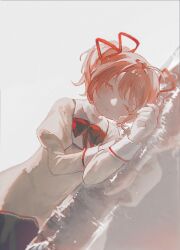 1girl absurdres black_skirt bow bowtie closed_eyes closed_mouth crying dutch_angle hair_ribbon happy highres juliet_sleeves kaname_madoka long_sleeves lying mahou_shoujo_madoka_magica mahou_shoujo_madoka_magica_(anime) mitakihara_school_uniform moieko on_floor on_side pink_hair puffy_sleeves red_bow red_bowtie red_ribbon reflection reflective_floor ribbon school_uniform short_twintails simple_background skirt smile solo tears twintails white_background