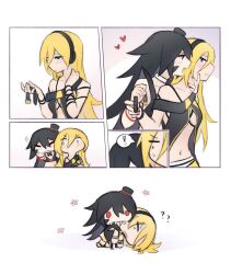 ! 2girls biting black_hair blonde_hair blue_eyes chibi flapper_shirt headset highres lily_(vocaloid) long_hair luna_(anim.o.v.e) mehyuew39 messy_hair miniskirt multiple_girls neck_biting red_eyes removing_choker shirt skirt vocaloid yuri