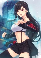 Rule 34 | 1girl, arm guards, black hair, black thighhighs, breasts, crop top, earrings, elbow gloves, female focus, final fantasy, final fantasy vii, final fantasy vii remake, fingerless gloves, gloves, hiiro yuki, jewelry, large breasts, long hair, looking at viewer, low-tied long hair, navel, red eyes, skirt, smile, solo, sports bra, suspender skirt, suspenders, tank top, thighhighs, tifa lockhart, zettai ryouiki