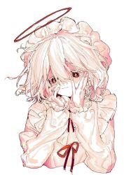 1girl bright_pupils chinese_commentary colored_eyelashes commentary_request cropped_torso frilled_sleeves frills hair_between_eyes halo hands_on_own_face highres long_sleeves maid_headdress neck_ribbon original red_eyes red_halo red_ribbon ribbon shirt simple_background solo vihua6 white_background white_hair white_pupils white_shirt